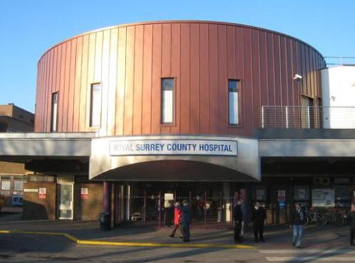 The main entrance to the Royal Surrey County Hospital, the big local hospital which I'd rather see a bit less of, though I'm grateful to have it!